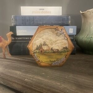 Vintage Small Wooden Hand Painted Trinket Box Primitive Farm Scene